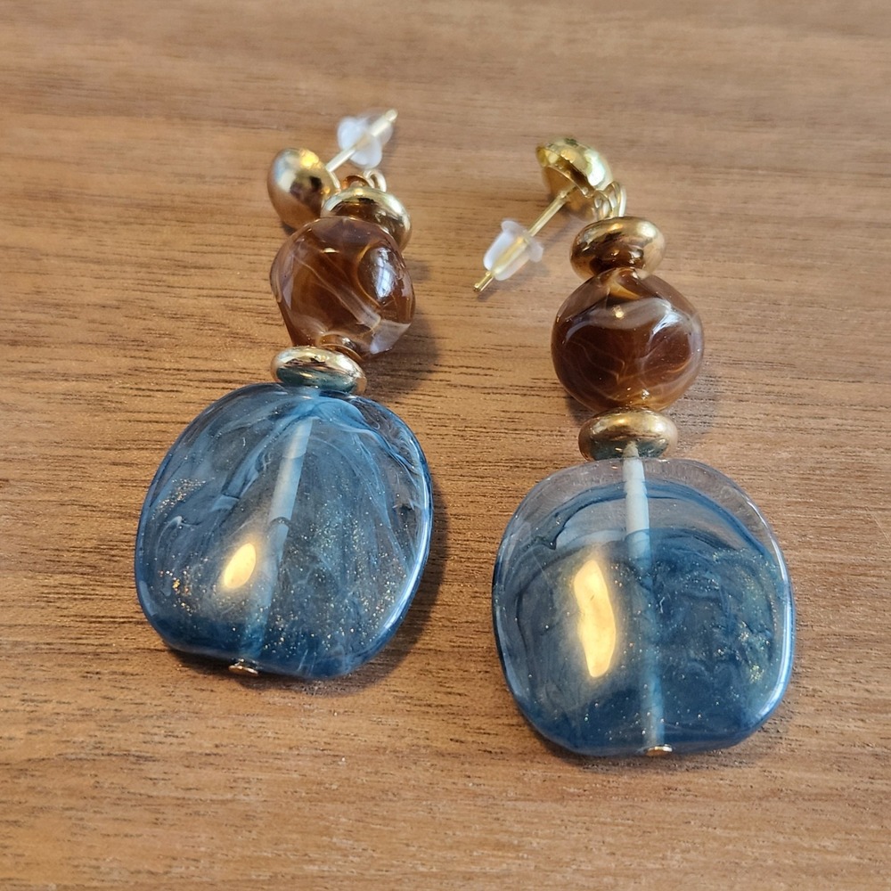 Blue Brown Marbled Resin Dangle Earrings Gold Tone Boho Statement Drops 2 Inch